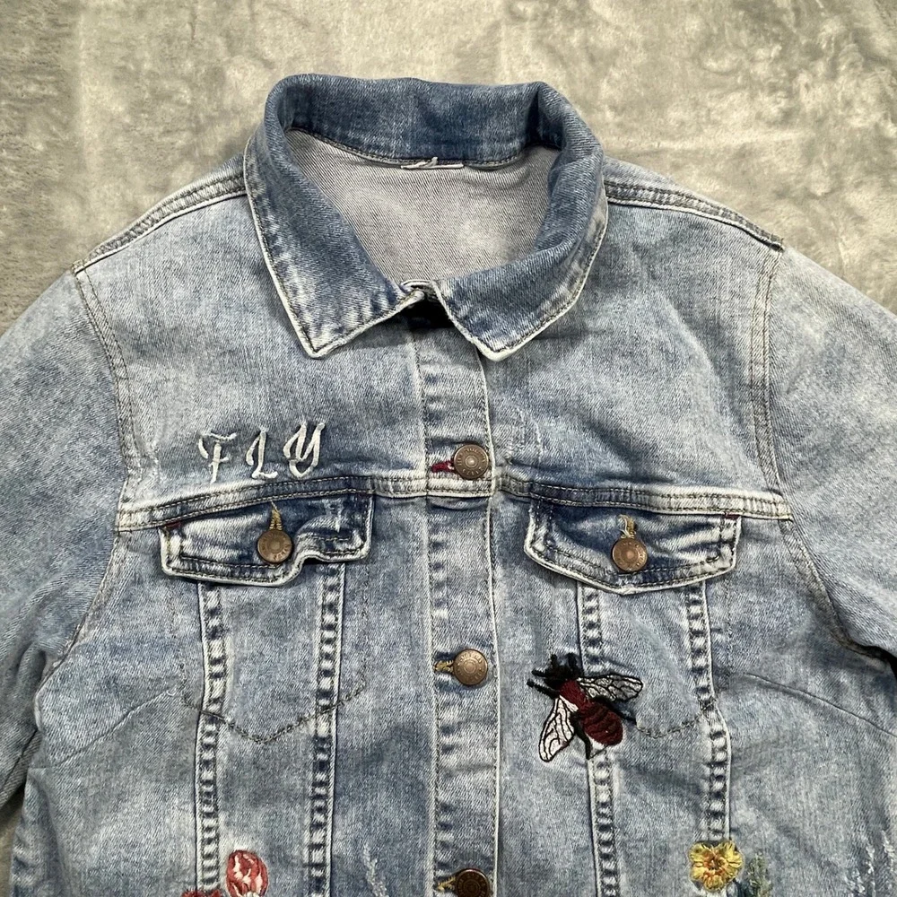 Zara Girls Embroidered Denim Jacket Light Wash Floral Bee Ladybug‎ Blue Size 14
